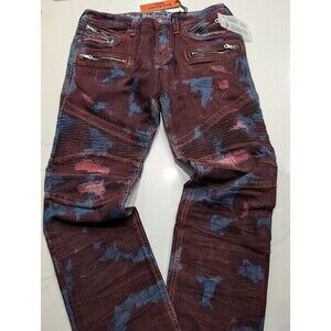 Rock Revival Moto Elroy Biker Distressed Jeans Acid Wash Red Blue Mens Size 38